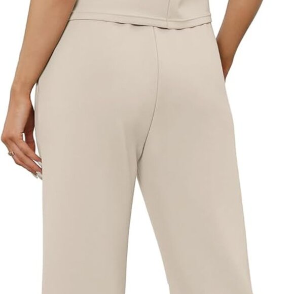 Beige X-large Summer Women's Two Piece Set with Mock Neck and Wide Leg Crop Pant - Picture 5 of 6